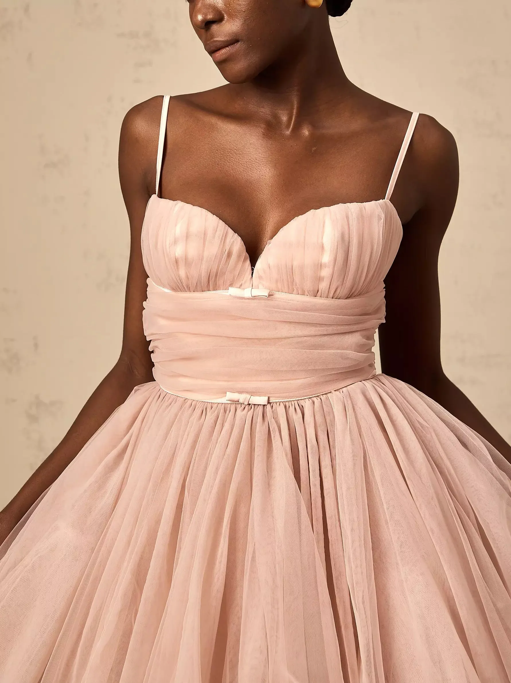 Bow-Detail Sleeveless Tulle Flared Mini Dress