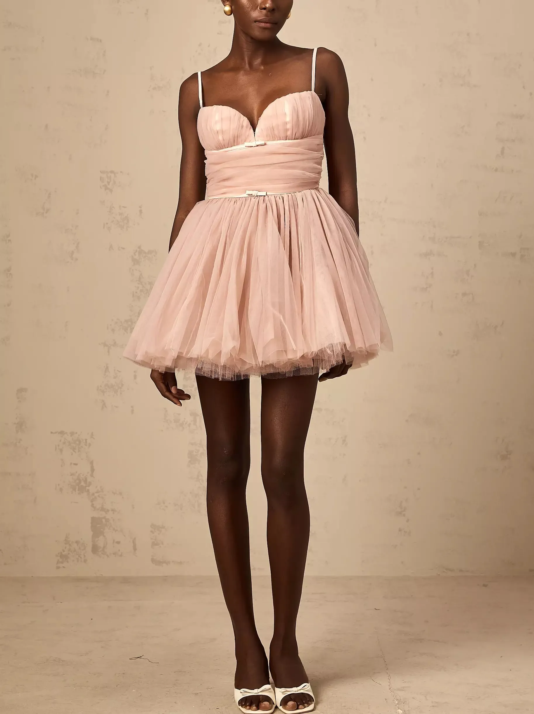 Bow-Detail Sleeveless Tulle Flared Mini Dress