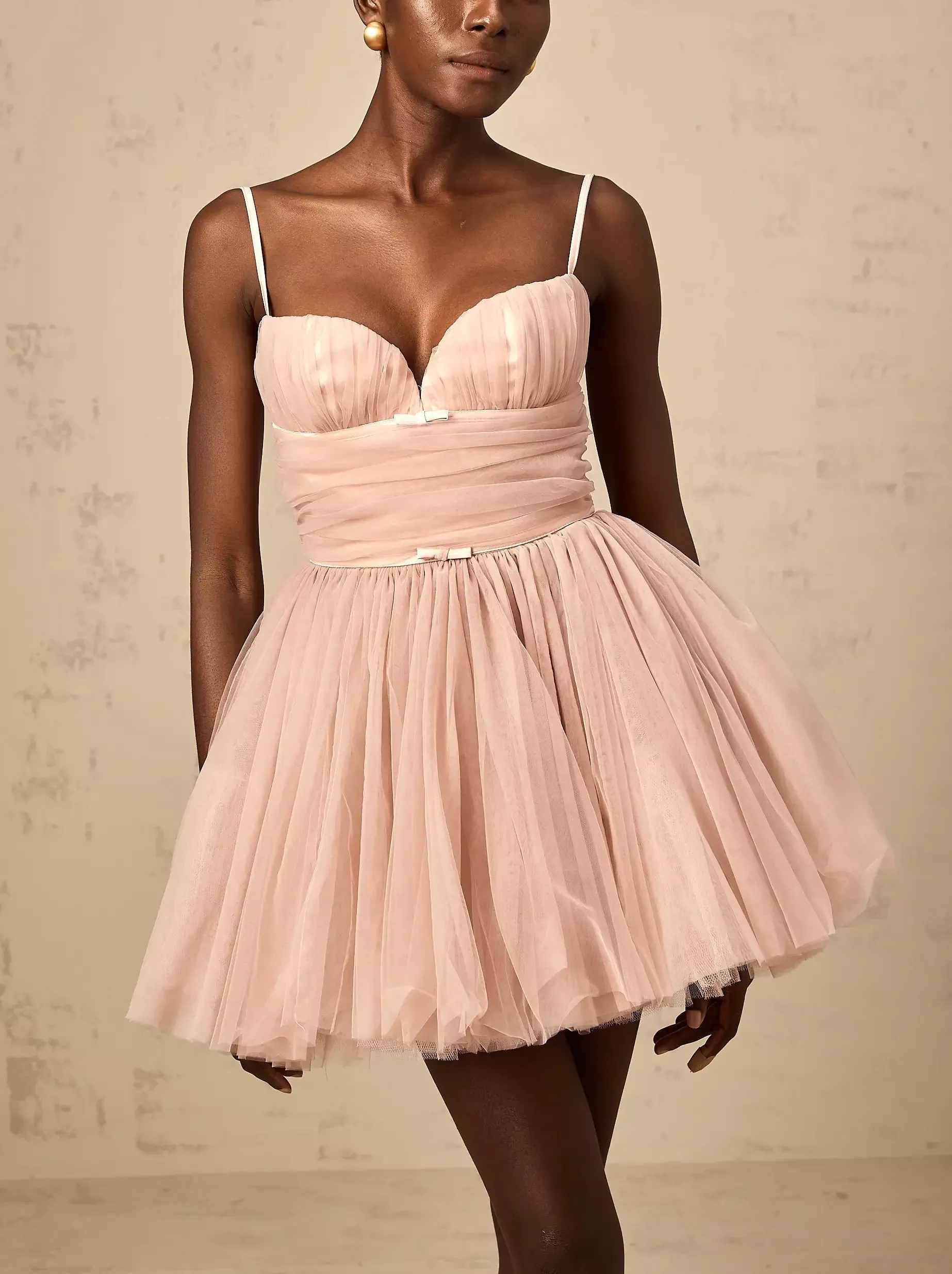 Bow-Detail Sleeveless Tulle Flared Mini Dress