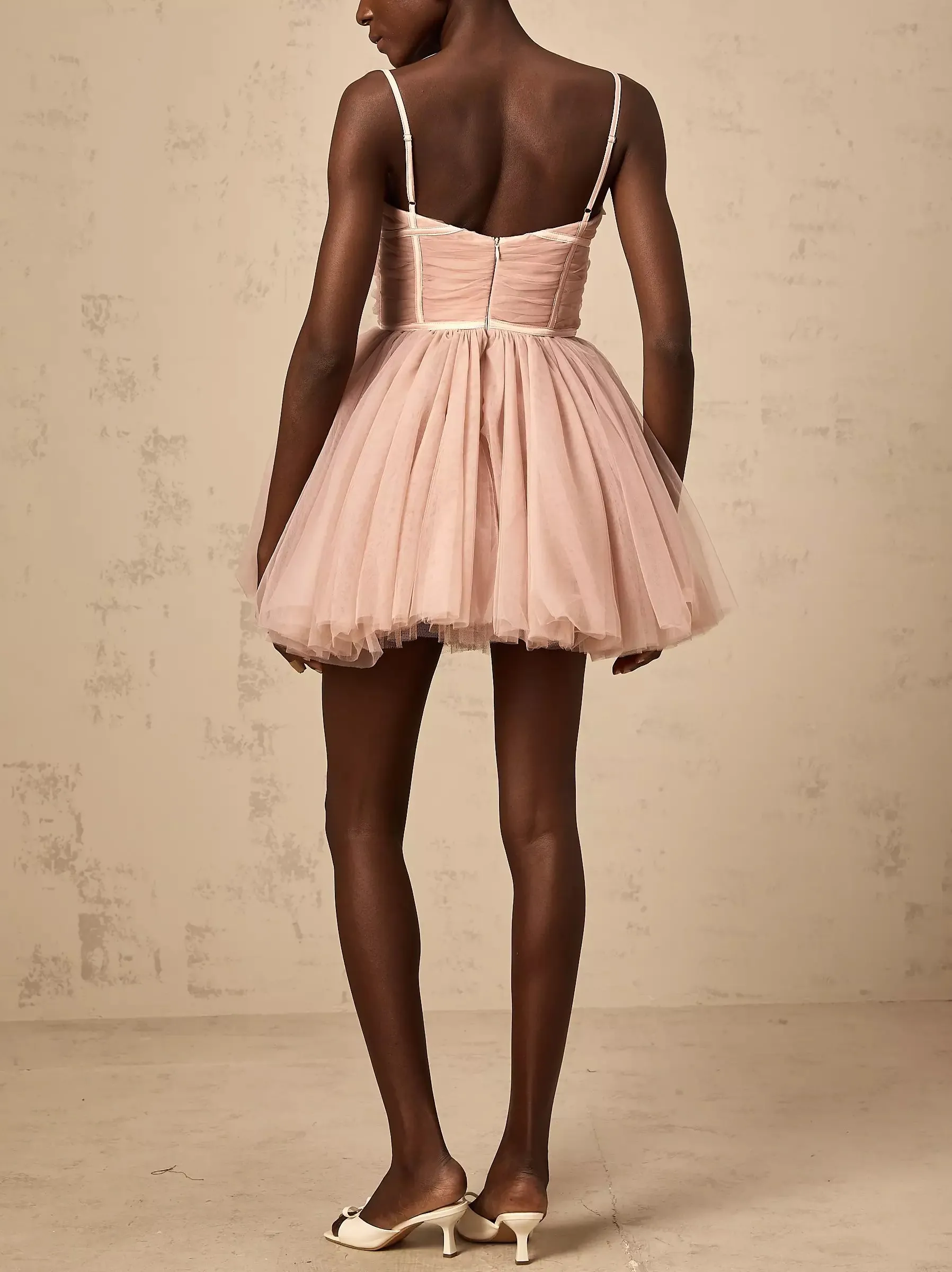 Bow-Detail Sleeveless Tulle Flared Mini Dress