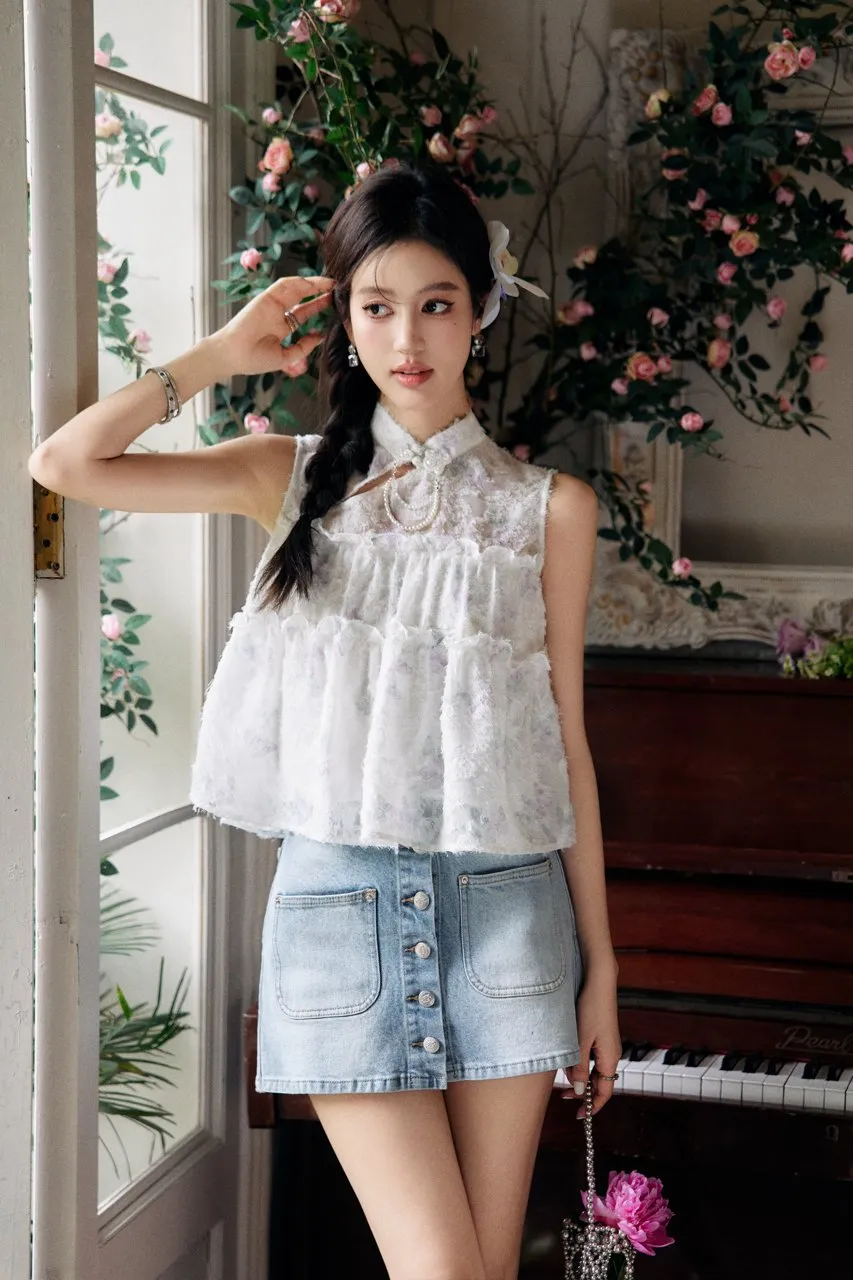 Buttoned False Two Piece Denim Skirt Pants Blue