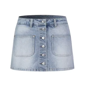 Buttoned False Two Piece Denim Skirt Pants Blue