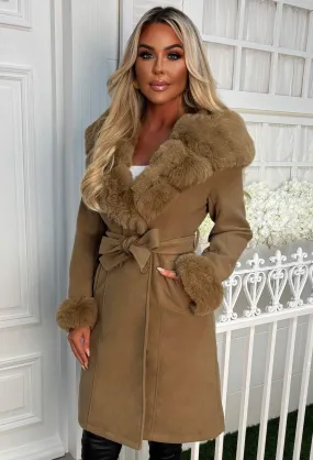 Captivated By You Camel Wool Blend Faux Fur Trimmed Belted Coat