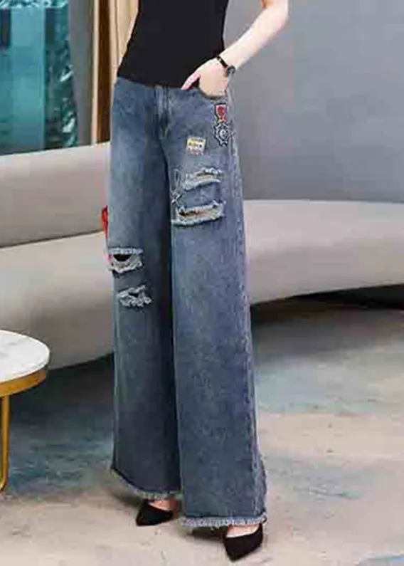 Casual Denim Navy Embroideried Elastic Waist Long Wide Leg Pants LY5263