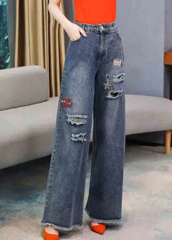 Casual Denim Navy Embroideried Elastic Waist Long Wide Leg Pants LY5263