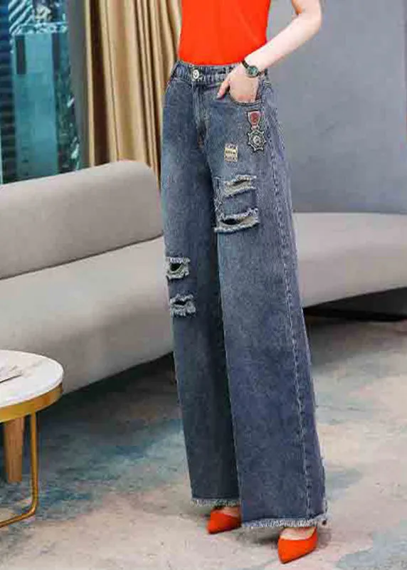 Casual Denim Navy Embroideried Elastic Waist Long Wide Leg Pants LY5263