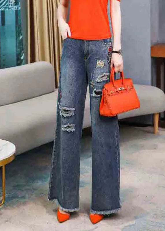 Casual Denim Navy Embroideried Elastic Waist Long Wide Leg Pants LY5263