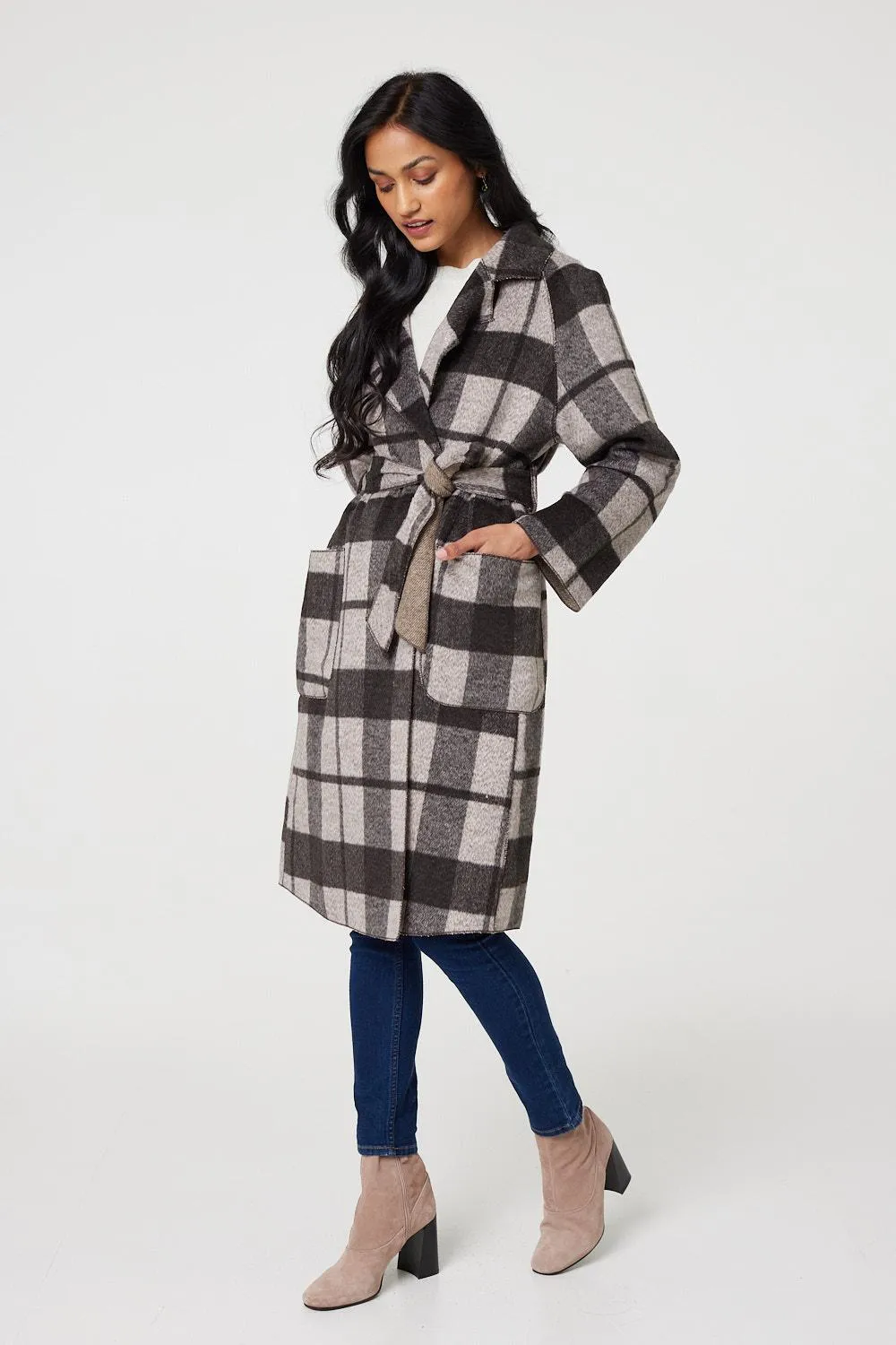 Checked Longline Coat with Belt