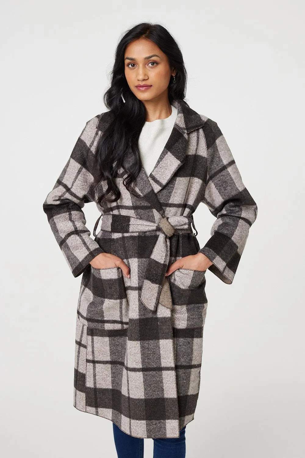 Checked Longline Coat with Belt