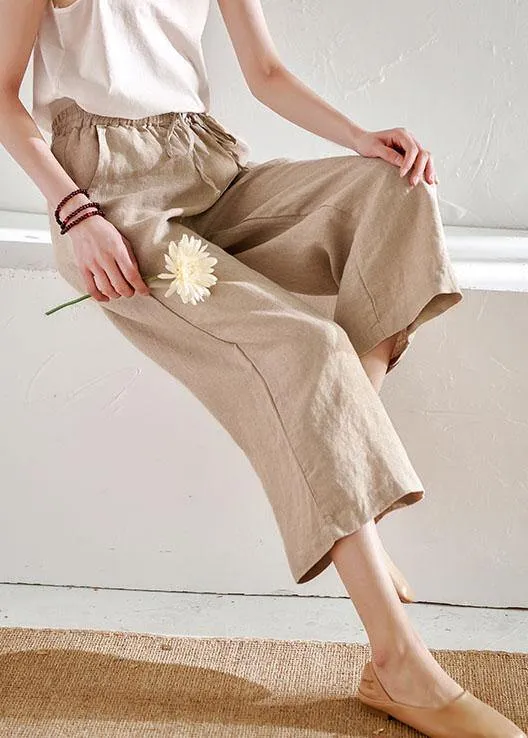 Chic Beige Pockets Casual Wide Leg Summer Pants Linen