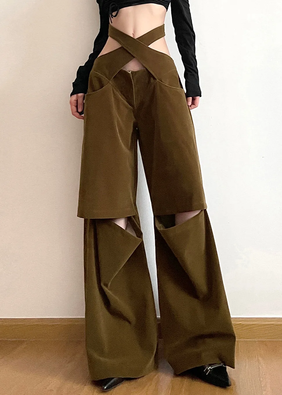 Chic Brown Hollow Out Pockets Cotton Wide Leg Pants Fall AW1008