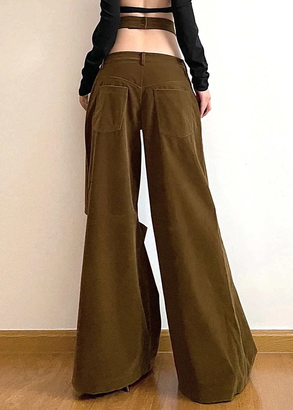 Chic Brown Hollow Out Pockets Cotton Wide Leg Pants Fall AW1008