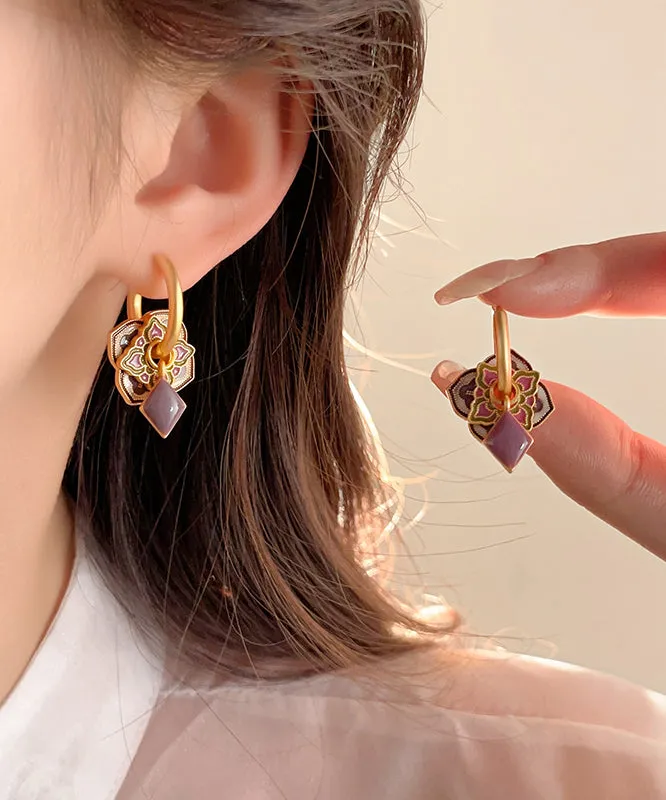 Classy Purple Copper Alloy Enamel Floral Hoop Earrings QQ039