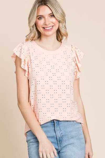 Culture Code Eyelet Round Neck Ruffled Cap Sleeve Top