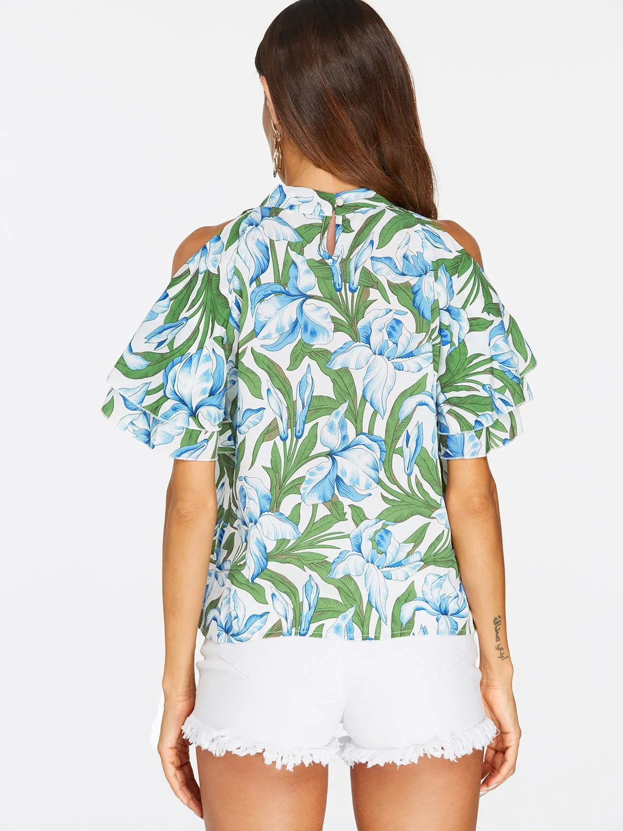 Custom Cold Shoulder Floral Print Short Sleeve T-Shirts