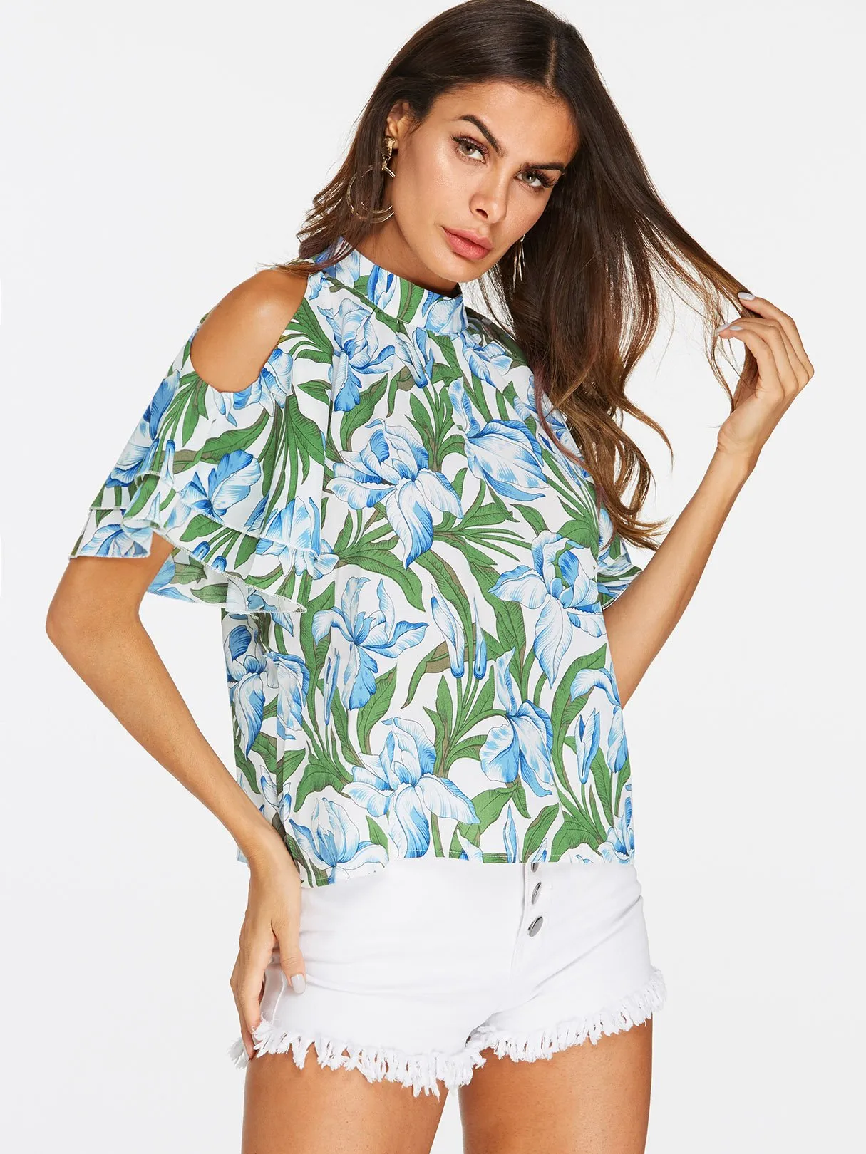 Custom Cold Shoulder Floral Print Short Sleeve T-Shirts