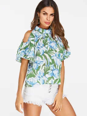 Custom Cold Shoulder Floral Print Short Sleeve T-Shirts