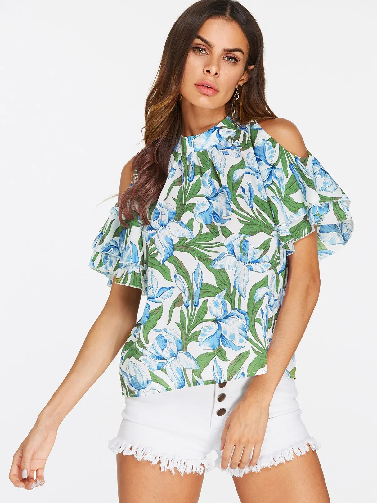 Custom Cold Shoulder Floral Print Short Sleeve T-Shirts