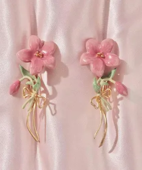 Cute Pink Sterling Silver Overgild Floral Drop Earrings PO074