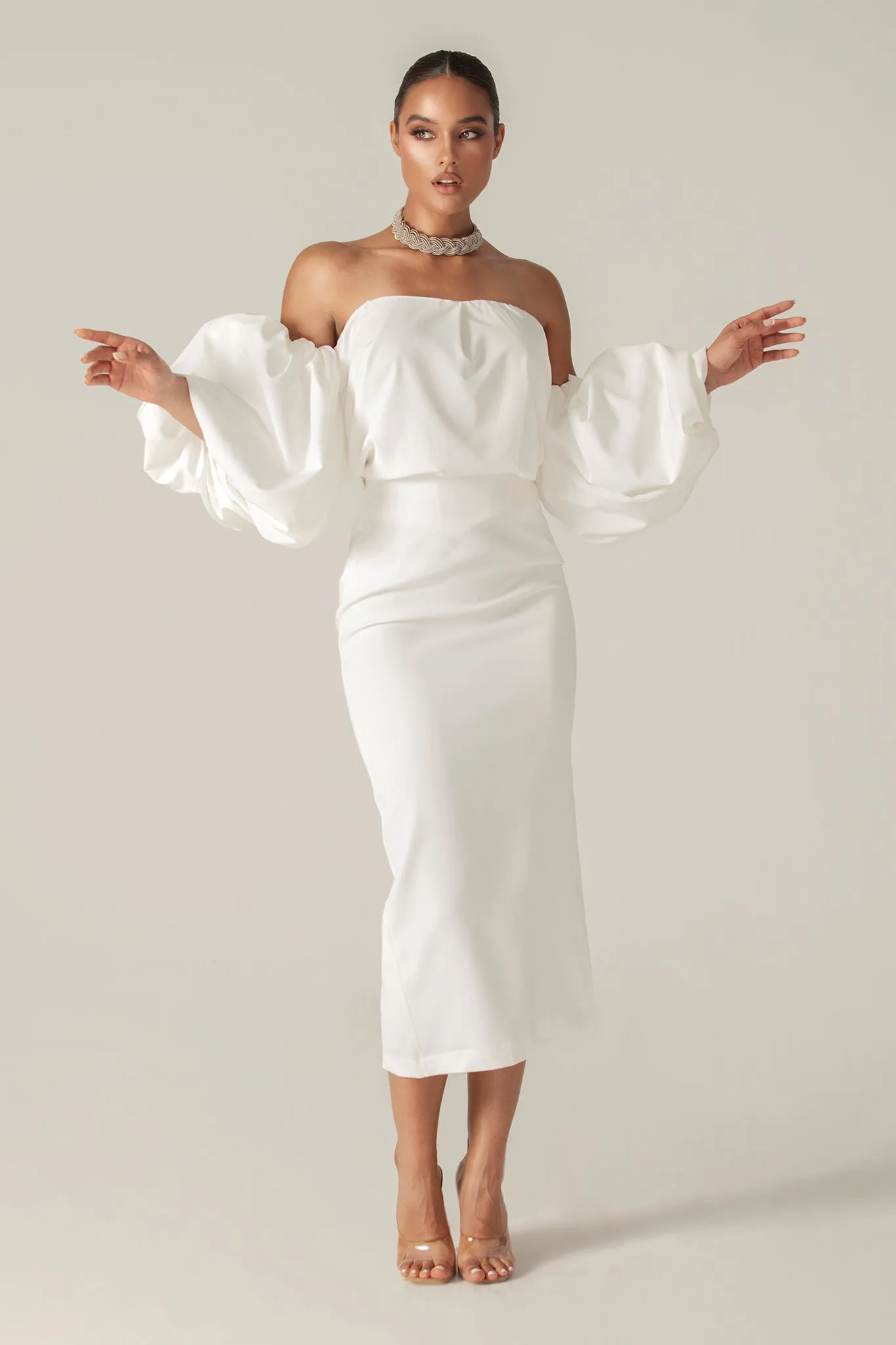 Damaris Off Shoulder Puff Sleeve Top (Off White)