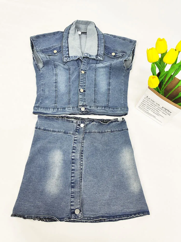 Denim Two Piece Crop Tops & Mini Skirts