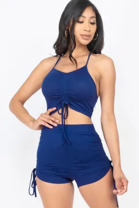 Double Dose Ruched Shorts Set-Blue Haze