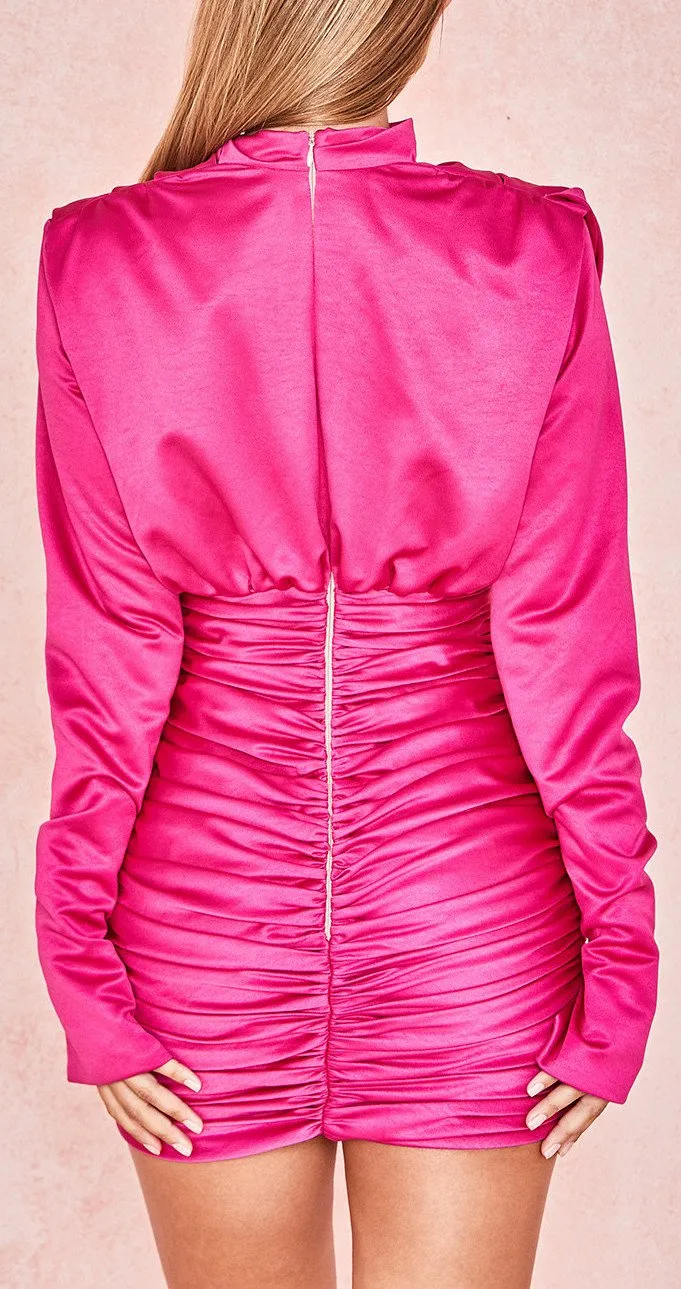 Draped Ruched Satin Mini Dress, Hot Pink