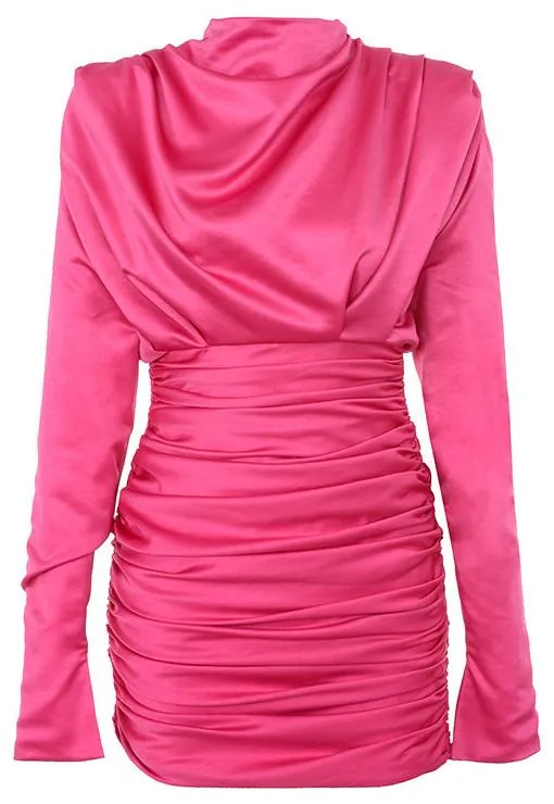 Draped Ruched Satin Mini Dress, Hot Pink