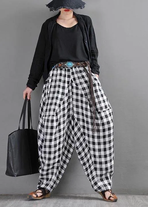 Elegant Black White Plaid Cotton Linen Harem Pants Summer