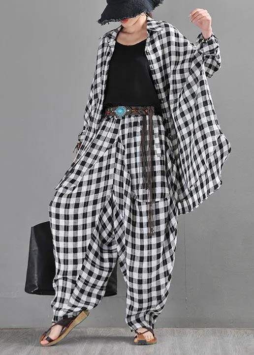 Elegant Black White Plaid Cotton Linen Harem Pants Summer