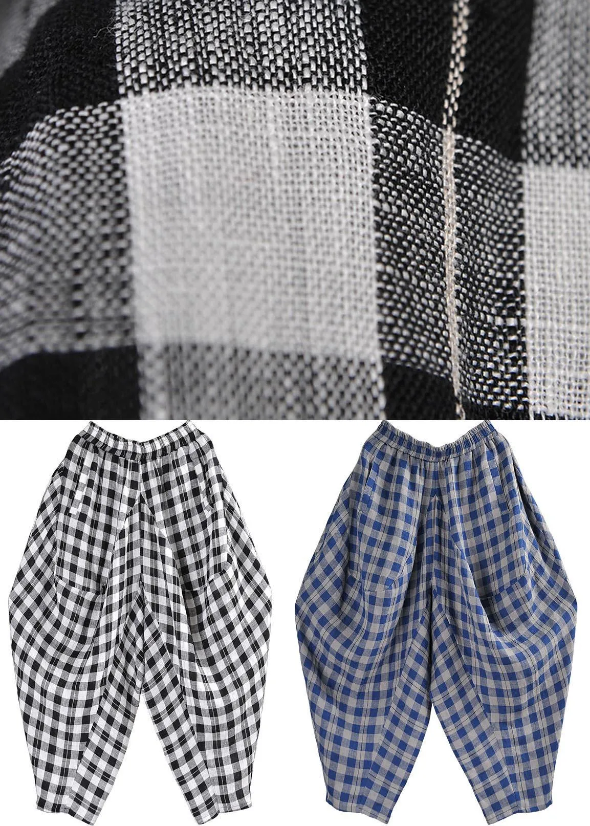 Elegant Black White Plaid Cotton Linen Harem Pants Summer