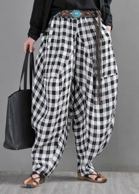 Elegant Black White Plaid Cotton Linen Harem Pants Summer