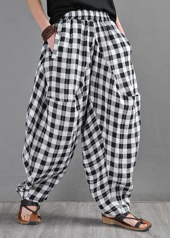 Elegant Black White Plaid Cotton Linen Harem Pants Summer