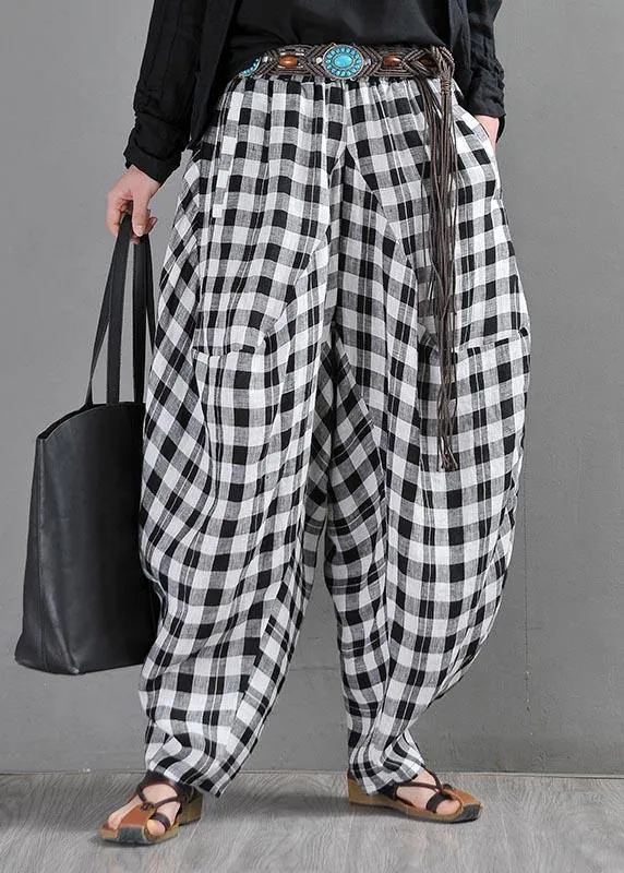 Elegant Black White Plaid Cotton Linen Harem Pants Summer