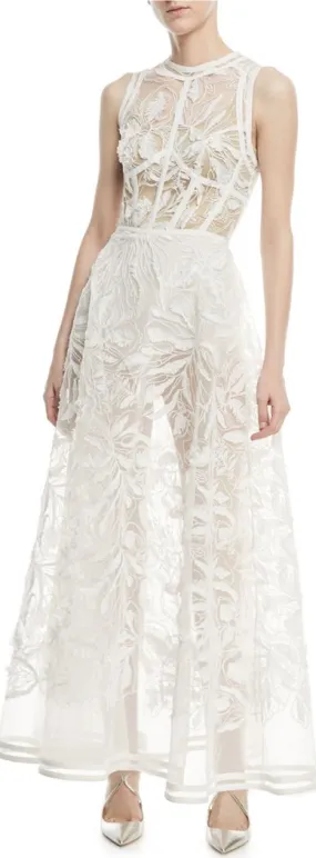 Embroidered Tulle Gown, White