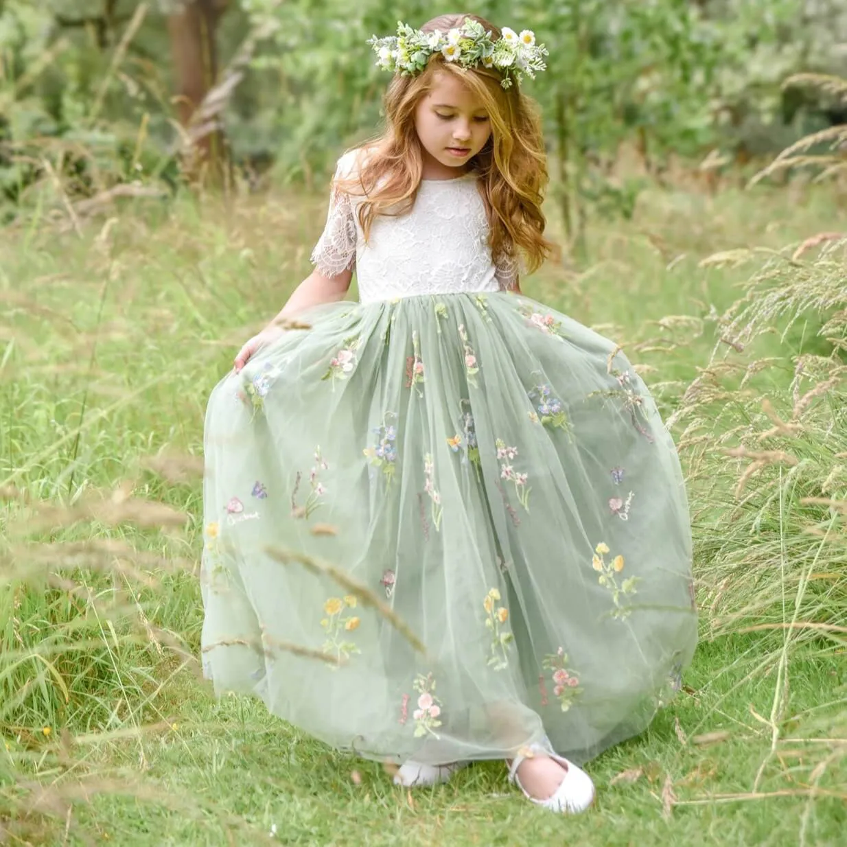 Enchanted Dress - Fern Green /White Lace