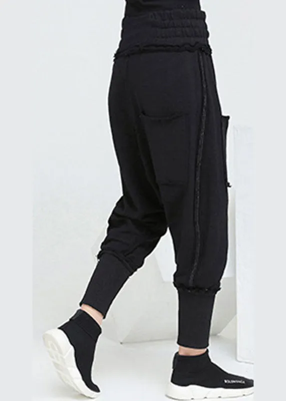 Fashion Black Pockets Elastic Waist Casual Fall Harem Pants