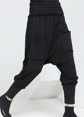 Fashion Black Pockets Elastic Waist Casual Fall Harem Pants