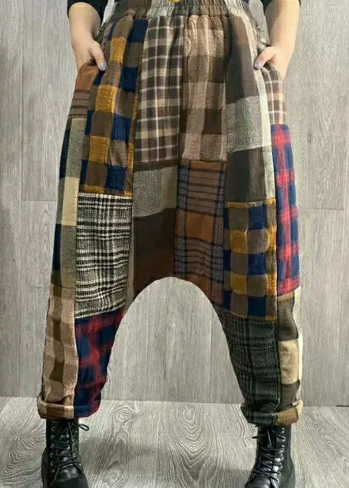 Fashion Plaid Patchwork thick Linen Pants Winter