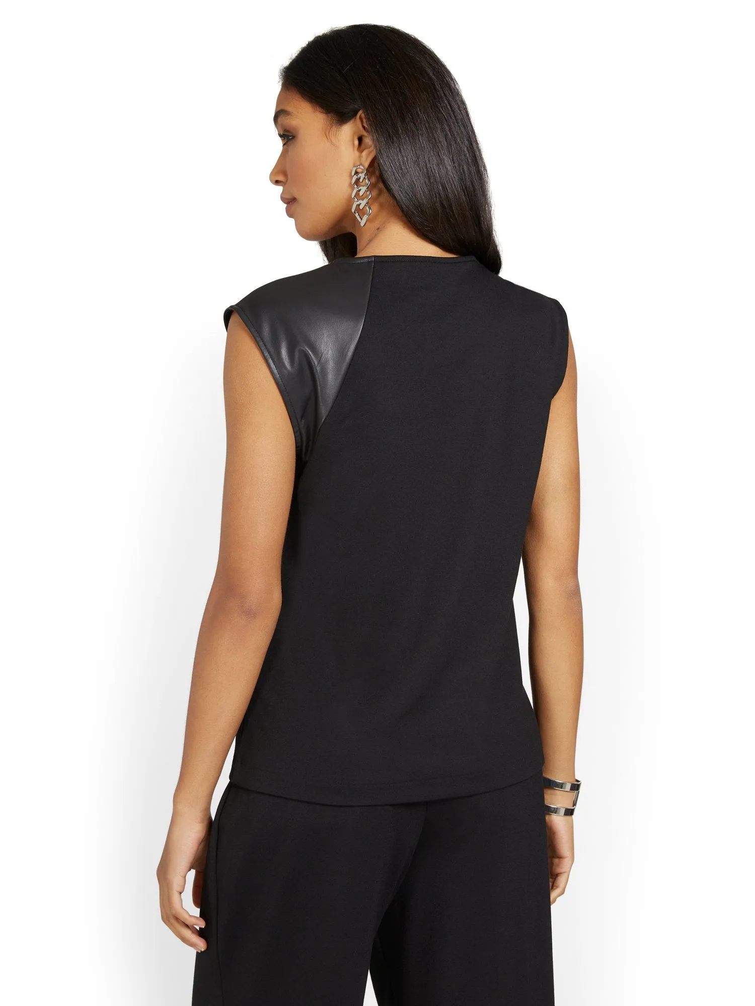 Faux-Leather Accent Cap-Sleeve Top