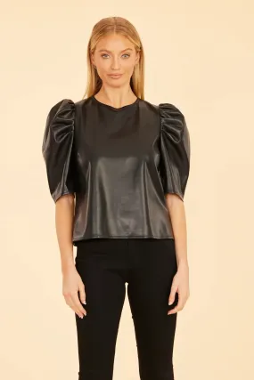 Faux Leather Puff Shoulder Top - Black