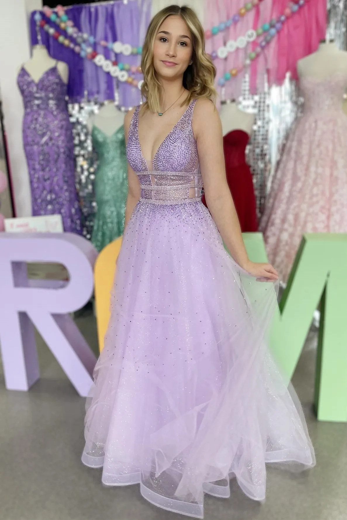 Filbei | Lavender Tulle Hot Stone Backless A-Line Prom Dress