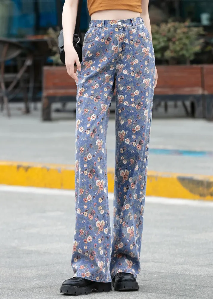 Fine Blue Print Button Straight Pants Spring LY5260