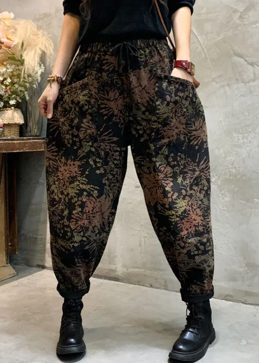 Fitted Black Cinched fashion Print denim Pants Winter