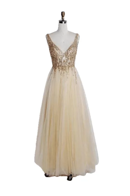 Flash Elegant Light Illusion Tulle Beaded V-neck Sleeveless Dress For Ladies