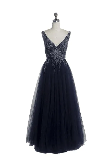 Flash Elegant Light Illusion Tulle Beaded V-neck Sleeveless Dress For Ladies