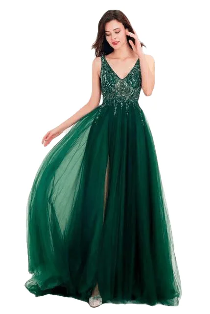 Flash Elegant Light Illusion Tulle Beaded V-neck Sleeveless Dress For Ladies