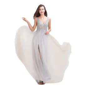 Flash Elegant Light Illusion Tulle Beaded V-neck Sleeveless Dress For Ladies