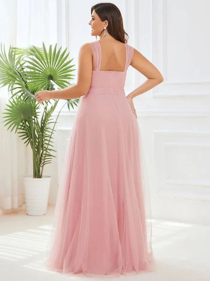 Floor Length Double V Neck Tulle Bridesmaid Dresses