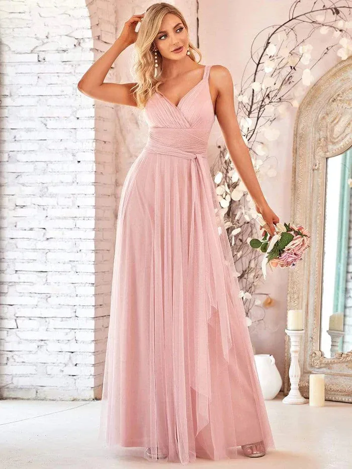 Floor Length Double V Neck Tulle Bridesmaid Dresses